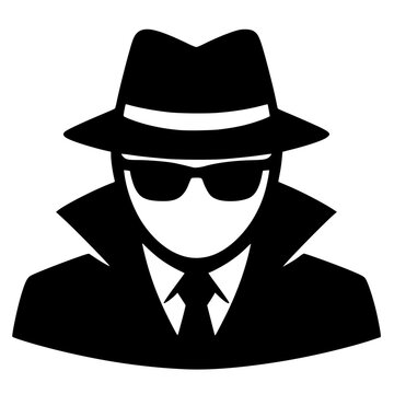 Black silhouette of anonymous figure in fedora, sunglasses, and trench coat. Bold vector artwork symbolizing secrecy, privacy, and mystery in minimalist style.