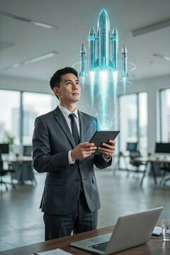 Businessman holding tablet with holographic rockets launching