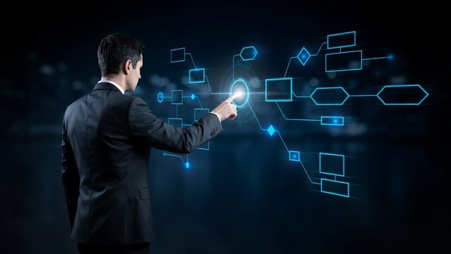 Businessman interacting with a glowing blue digital flowchart