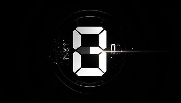 Digital Countdown Timer Displaying Number 8 with Futuristic Glare and Particles on a Dark Background