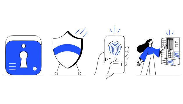 Cybersecurity and digital data protection icons set featuring lock shield biometric fingerprint authentication and secure server access in minimalist blue line art style.