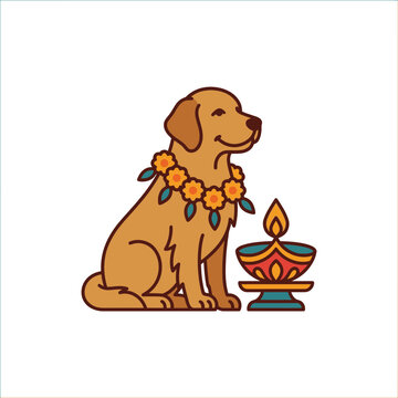 Golden retriever sitting with flower garland and ornate diya.