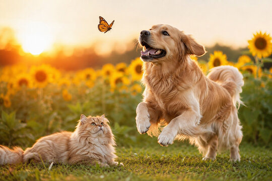 AI generated Golden Retriever chasing butterfly beside Persian cat vibrant sunflower field warm sunset light joyful peaceful atmosphere