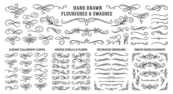 Hand drawn flourishes and swashes with elegant calligraphy curves and vintage scrolls for decorative design elements