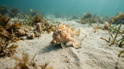 Fototapeta premium A detailed close-up shot of a unique warty frogfish camouflaged on the sandy ocean floor surrounded by marine plants