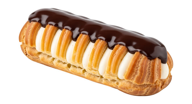 A chocolate glazed eclair with cream filling detailed pastry texture on transparent background dessert sweet treat baked food confection