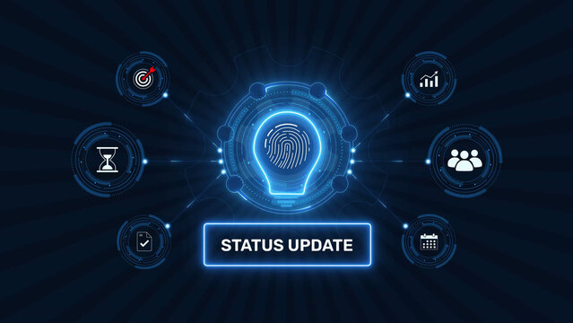 Business status update and project progress report graphic loop with glowing biometric fingerprint icon on dark technology background