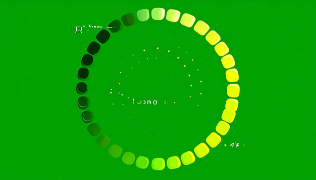 Circular progress bar with gradient shades of green and yellow squares on a vibrant green background with small white dots and text elements