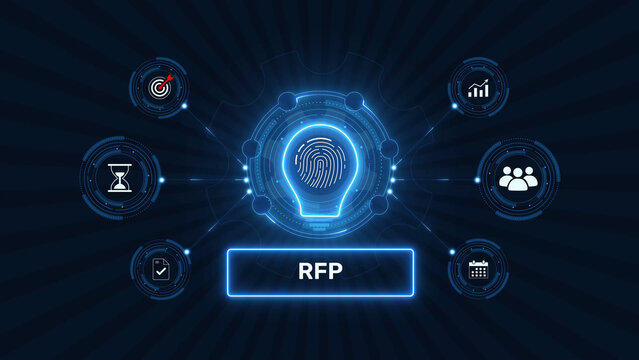 Request for proposal rfp procurement process graphic loop with glowing biometric fingerprint icon on dark technology background asset