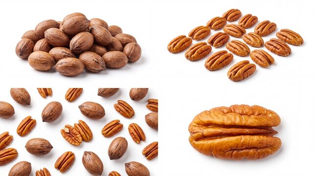 Fresh organic pecan nuts in shell and shelled halves