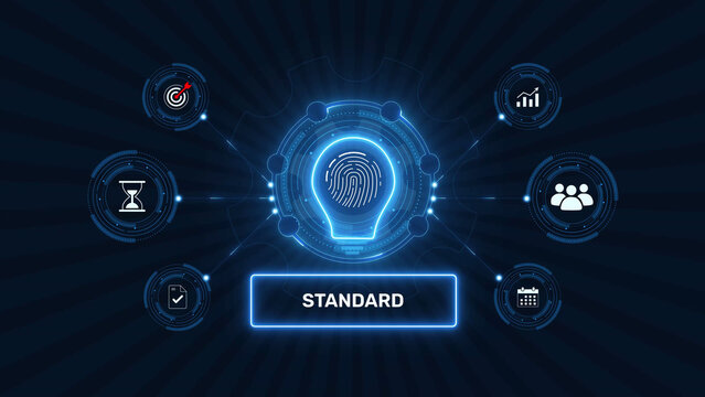 Business quality standard and operational compliance benchmark graphic loop with glowing biometric fingerprint icon on dark technology background