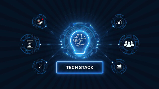Software tech stack architecture and development tools graphic loop with glowing biometric fingerprint icon on dark technology background asset