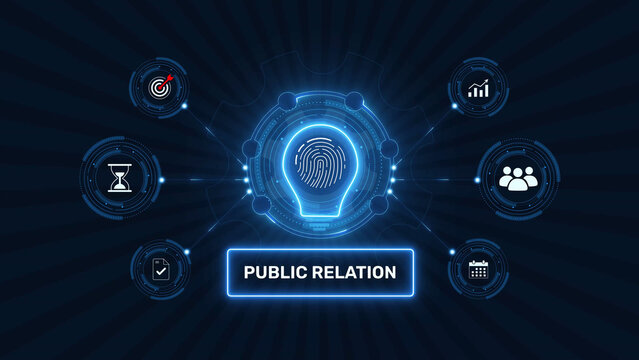 Public relation pr marketing communication strategy concept graphic loop with glowing biometric fingerprint icon on dark technology background asset