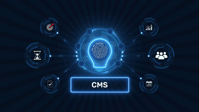 Content management system cms website publishing software graphic loop with glowing biometric fingerprint icon on dark technology background asset