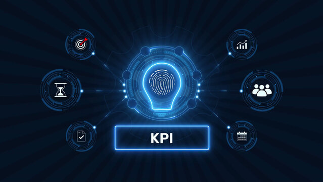 Key performance indicator kpi business analytics and goal tracking graphic loop with glowing biometric fingerprint icon on dark technology background