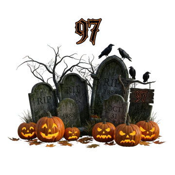 Spooky halloween graveyard scene with carved pumpkins and black crows
