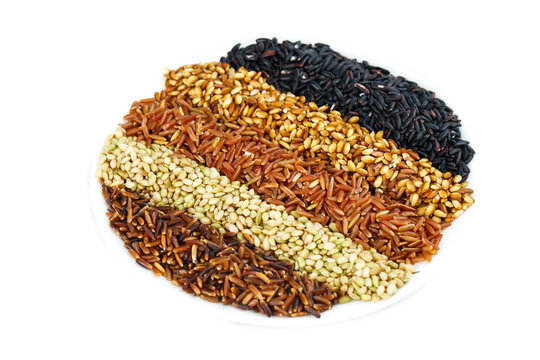 Assorted Organic Rice Varieties - Brown Black Red White Grains Studio Shot