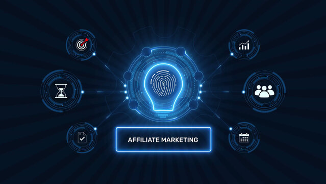 Affiliate marketing program and digital commission sales strategy graphic loop with glowing biometric fingerprint icon on dark background asset