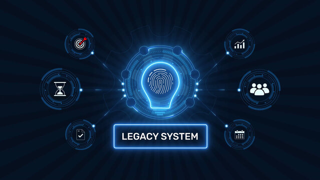 Legacy system modernization and IT software migration graphic loop with glowing biometric fingerprint icon on dark technology background