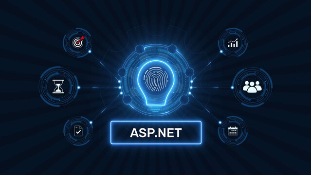 ASP NET web development framework and programming software graphic loop with glowing biometric fingerprint icon on dark technology background asset