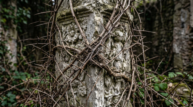 A visual from Proverbs, The sluggard's ruined, overgrown vineyard. Stone walls broken down, entirely covered in thick thorns and weeds.