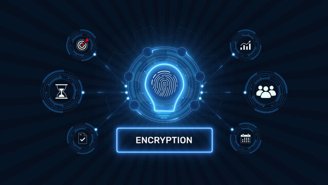Data encryption and cryptographic information protection graphic loop with glowing biometric fingerprint icon on dark technology background asset
