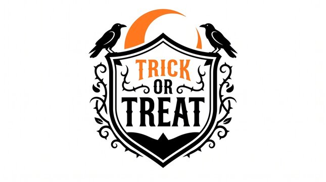 Trick or treat halloween emblem featuring two black ravens perched on an ornate crest with a glowing orange moon design elements isolated on white background
