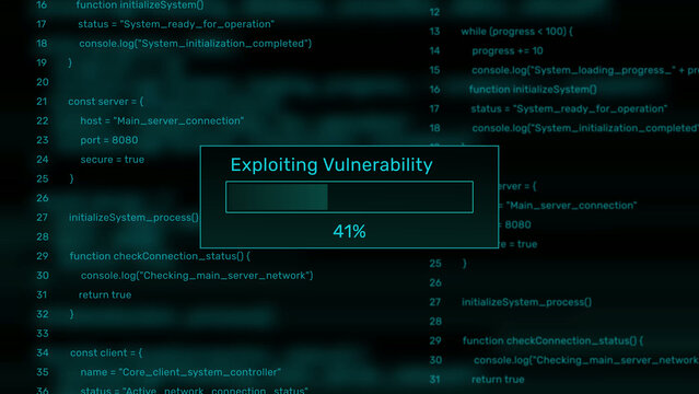 Exploiting vulnerability cyber threat progress bar animation loop with percentage loading box on dark programming code background asset