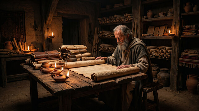 Daniel fervently reading the ancient, dusty scrolls of the prophet Jeremiah to understand the seventy years of captivity.