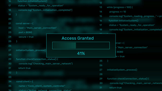 Access granted cyber security system authentication progress bar animation loop with percentage box on dark code background asset