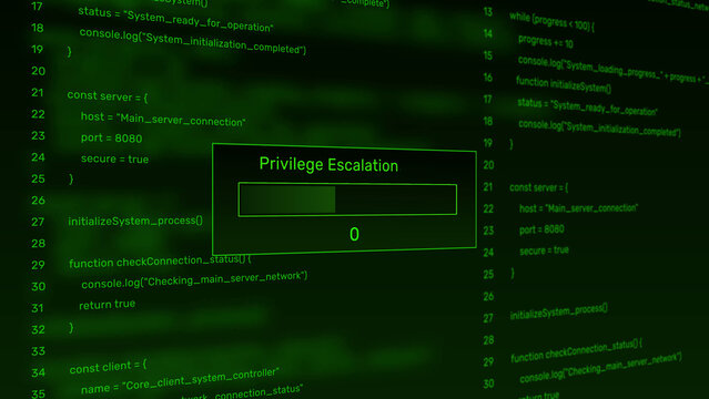 Privilege escalation cyber security exploit progress bar animation loop with percentage status box on dark code background asset