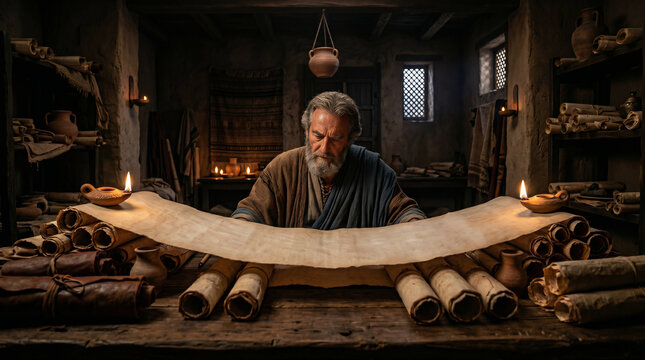 Daniel fervently reading the ancient, dusty scrolls of the prophet Jeremiah to understand the seventy years of captivity.