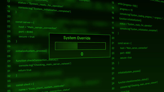 System override cyber security breach progress bar animation loop with percentage loading box on dark code background asset