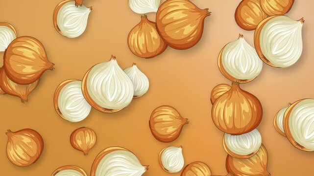 Animated Falling Whole and Halved Brown Onions on Orange Background