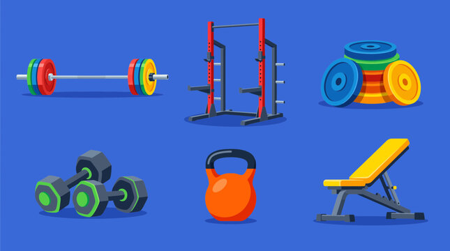 Colorful gym equipment vector illustration featuring dumbbells kettlebell barbell rack weight plates and lifting bench on a solid blue background