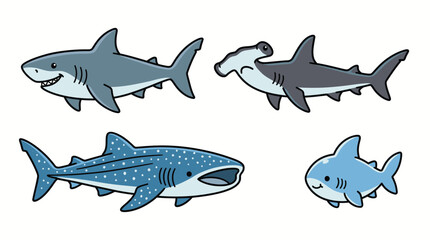 Naklejka premium Set of cute cartoon shark characters including great white hammerhead whale shark and baby shark.
