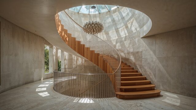 Curved wooden staircase in modern atrium with skylight