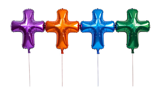 Four shiny cross balloons in purple, orange, blue, and green