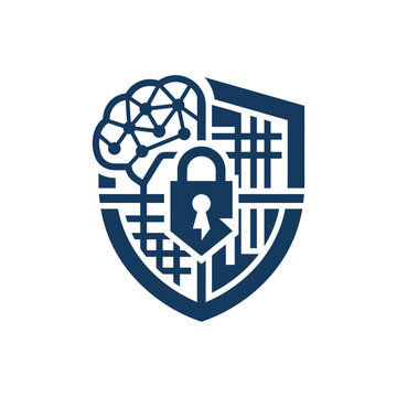 A dark blue shield icon featuring a brain and a padlock