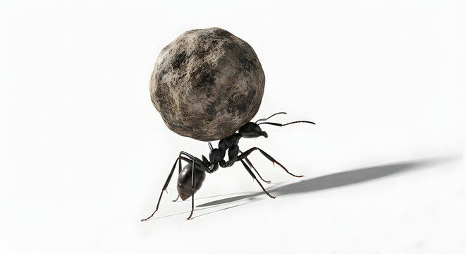 Tiny black ant carrying a heavy giant rock on its back, perseverance and overcoming adversity concept