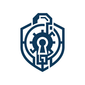 A dark blue shield icon featuring a central gear and keyhole
