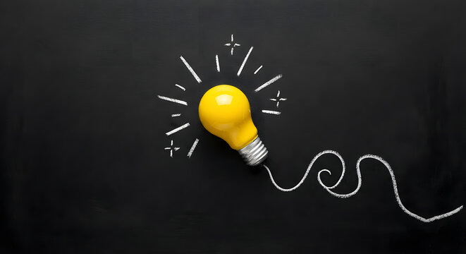 Yellow light bulb on dark blackboard with chalk drawn shining rays and wavy line, eureka moment and creative idea concept