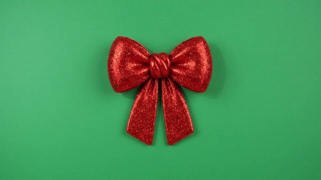 Realistic red bow on green background.