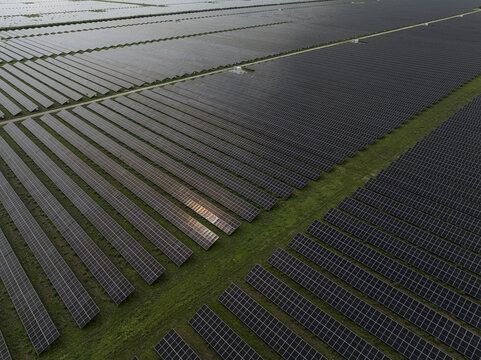 Aerial view of a large solar farm with rows of photovoltaic panels arranged on green grass fields in Miami, Florida, United States.