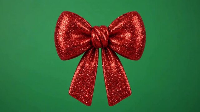 Realistic red bow on green background.