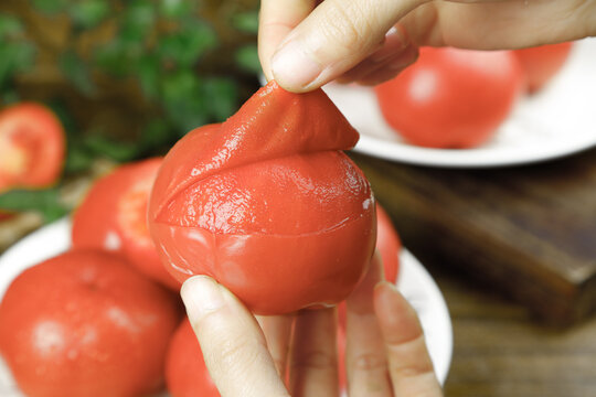 Freshly Peeled Red Tomato in Hands with Picked Garden Tomatoes on Plates