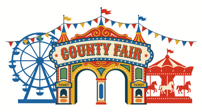 County Fair Entrance With Ferris Wheel and Carousel Illustration.