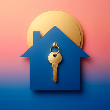 Golden key hanging on blue house silhouette with golden sun circle, real estate key handover and homeownership concept