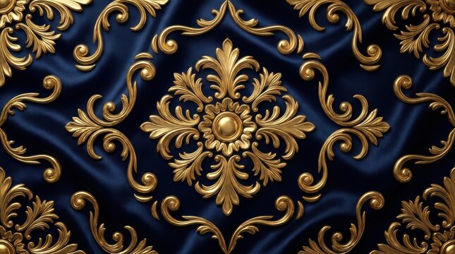 Luxurious gold baroque ornament pattern on deep blue silk fabric background for branding