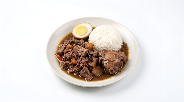 Gudeg Jogja Jackfruit Stew with Rice Chicken and Boiled Egg on White Plate